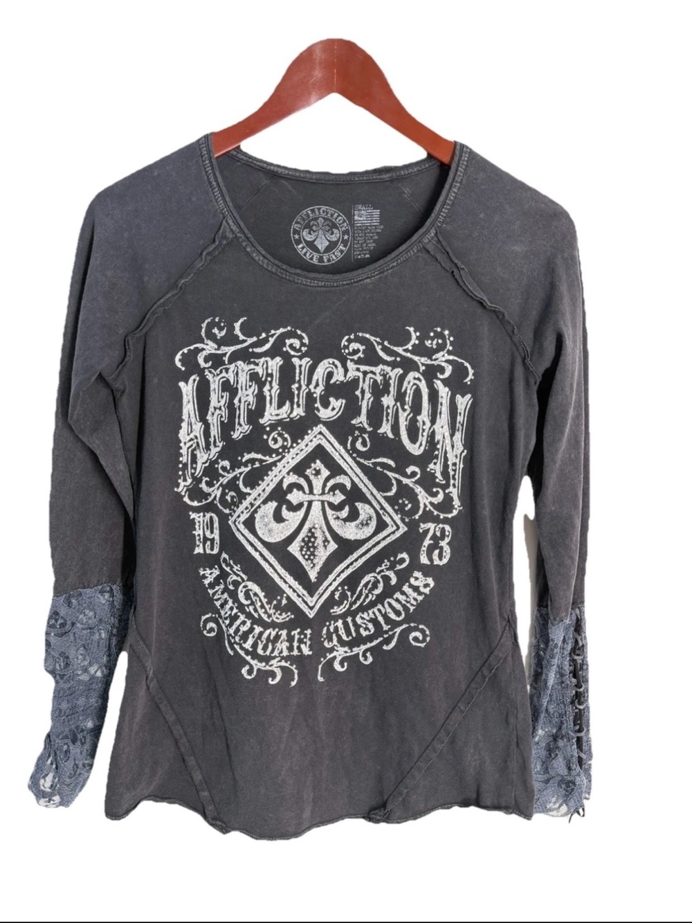 Vintage Y2K Affliction Top Women's Small Long Sleeve Lace Bling Goth Grunge